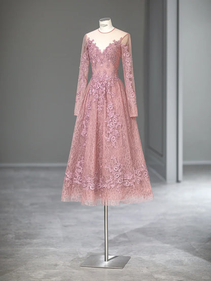 Elegant A line Scoop Pink With Long Sleeves Tea Length Prom Dresses Inspo Evening Outfits RB4002