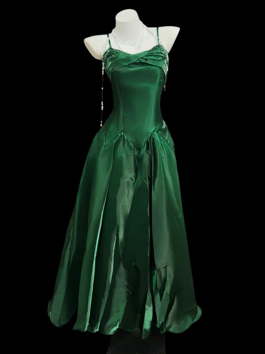 Vintage Prom Dresses 90s Formal A Line Spaghetti Strap Dark Green Long Party Gowns N4489