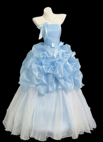 Cute Prom Dress Ball Gown Strapless Light Sky Blue With Ruffled Long Quinceanera Dresses Sweet 16 Dress Formal Outfits RB5444