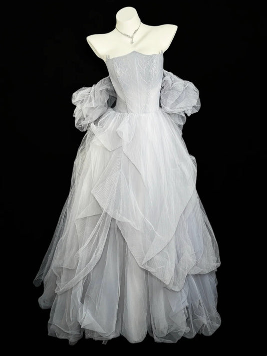 Princess Prom Dresses Formal Ball Gowns Off The Shoulder Gray With Sleeves Tulle Long Party Gowns N4534