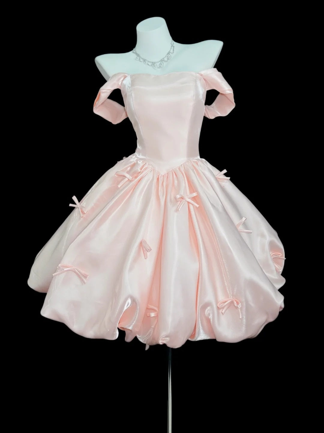 Romantisches Ballkleid schulterfrei Rosa für Abschlussball kurz mit Schleife Abschlussfeier High School Homecoming Kleider N4521