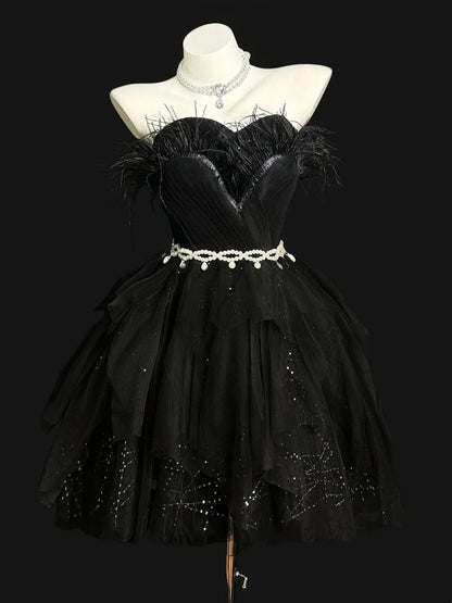 Belle robe de bal bustier noire avec plumes, inspiration pour seniors, robes de remise de diplôme et de bal de promotion N4510
