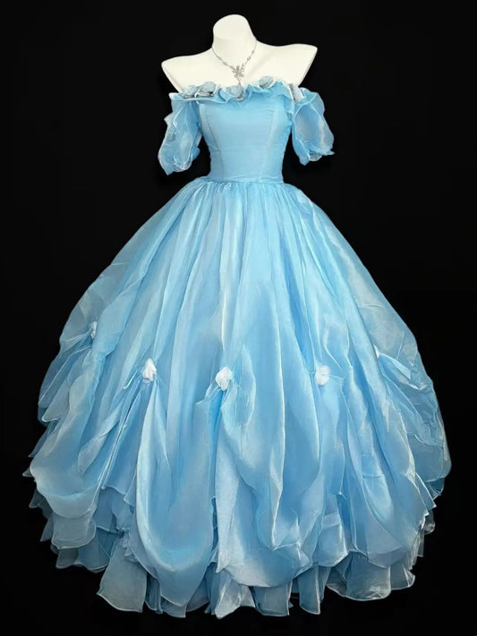 Princess Prom Dresses Formal Ball Gowns Off The Shoulder Blue With Sleeves Long Party Gowns N4518