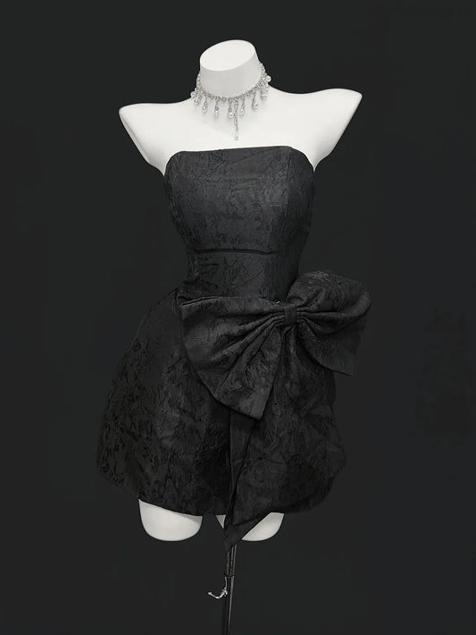Romantic A Line Strapless Little Black Dress Short With Bow-knot Graduation High School Homecoming Dresses N4492