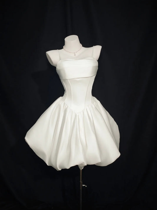 Romantic Ball Gown Spaghetti Strap White Short Satin Senior Inspo Graduation High School Homecoming Dresses N4495