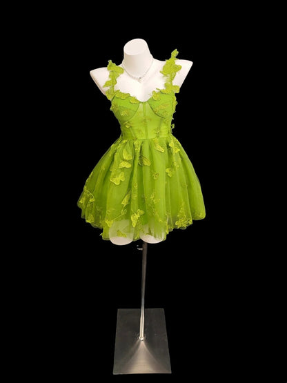 Robe de bal romantique à fines bretelles en tulle vert et dentelle pour bal de promo, remise des diplômes, bal de fin d'année (lycée) N4501