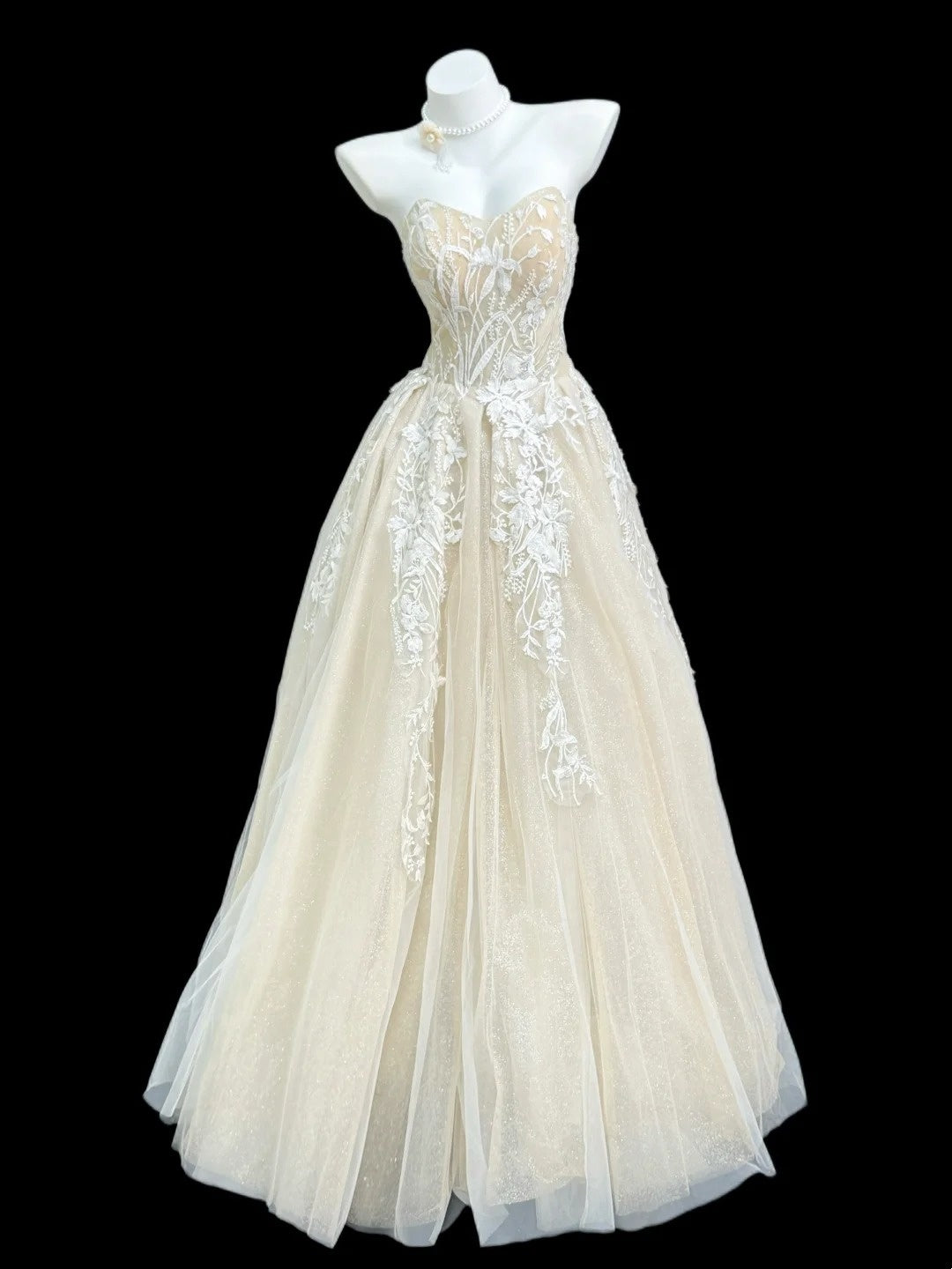 Elegante A-Linien-Sweetheart-Kleider Champagner mit weißer Spitze Bodenlang Ballkleider Inspo Abendoutfits RB4452