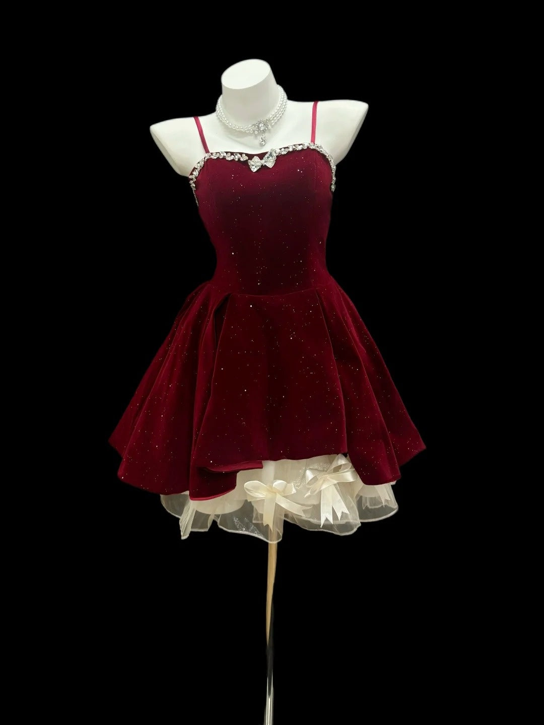 Wunderschönes Ballkleid mit Spaghettiträgern aus burgunderrotem Samt, kurze Minilänge, ästhetischer Look, Heimkehrkleider RB4354