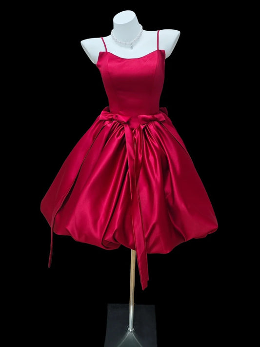 Romantic Ball Gown Spaghetti Strap Red Satin Senior Short Graduation High School Homecoming Dresses N4514