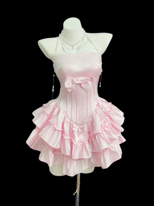 Pretty Ball Gown Strapless Pink Satin With Ruffled Short Cocktail Gown Homecoming Dresses Ideas Hoco Outfit RB5450