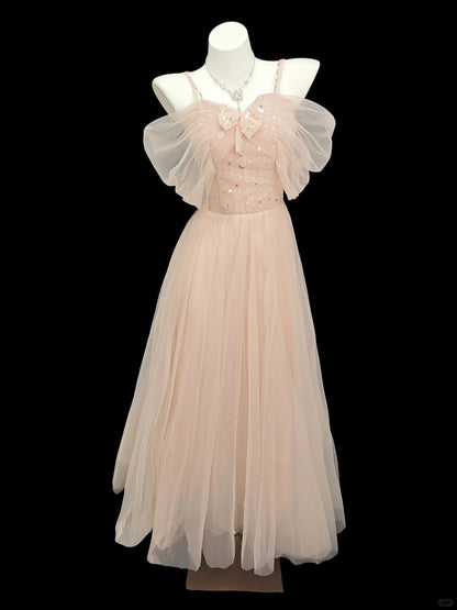Princess Prom Dresses Formal A Line Off The Shoulder Blush Pink With Sleeves Tulle Long Party Gowns N4533