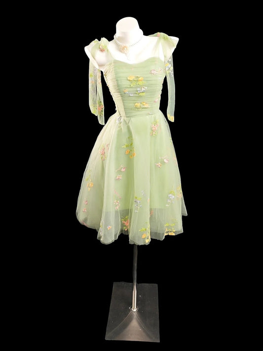 Romantic A Line Spaghetti Strap Sage Green Flowers Senior Inspo Graduation High School Homecoming Dresses N4496