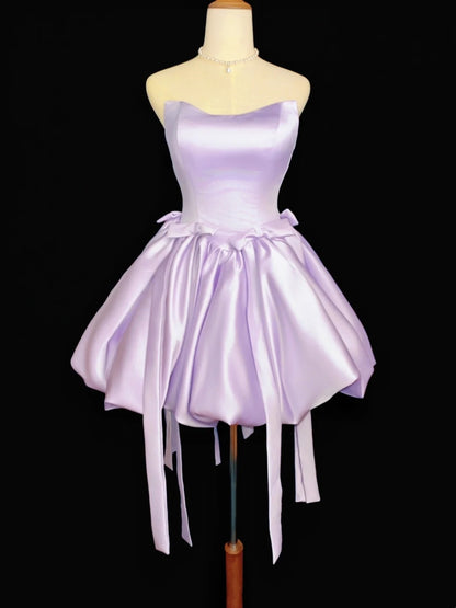 Romantisches Ballkleid, trägerlos, lila Satin, kurz, mit Schleife, Abschlusskleid, High School Homecoming Kleider N4499