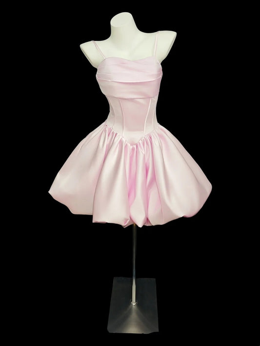 Romantic Ball Gown Spaghetti Strap Pink Satin Senior Short Graduation High School Homecoming Dresses N4505
