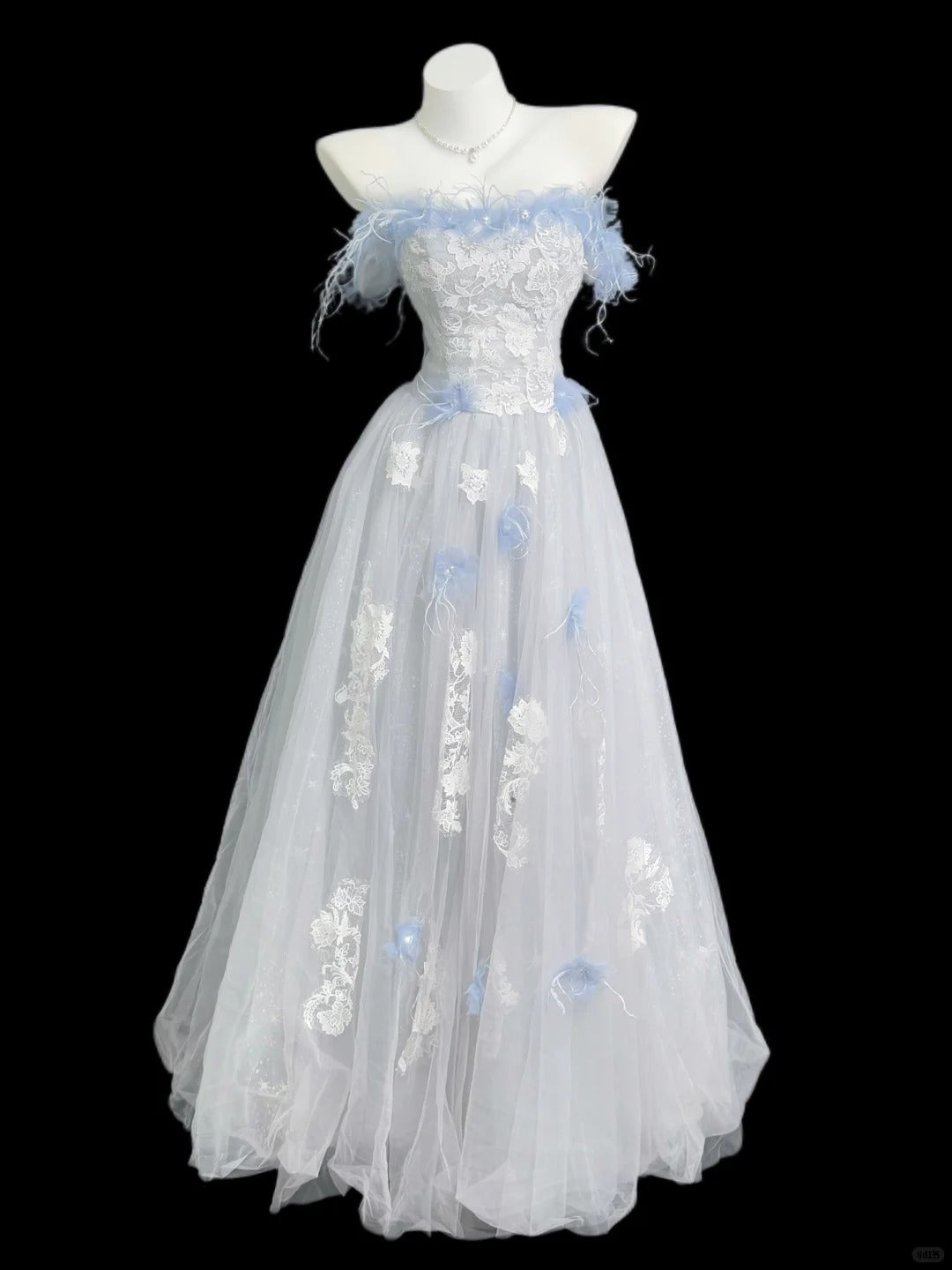 Chic A line Off The Shoulder Light Sky Blue With Lace Long Prom Dress Formal Dress Party Dresses RB7229