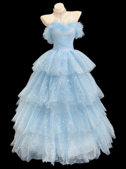 Élégante robe de bal hors de l'épaule en tulle bleu clair longueur ras du sol pour le bal Inspo Tenues formelles RB4453
