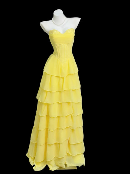 Modest A line Sweetheart Yellow With Lace Date Floor Length Night Evening Outfit Formal Prom Dresses RB5457
