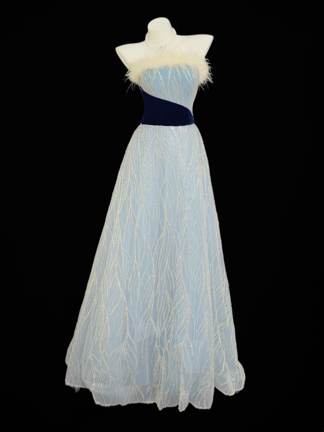 Robes de bal de princesse Formelles Trapèze Sans bretelles Paillettes Bleu clair Avec plumes Robes de soirée longues N4522
