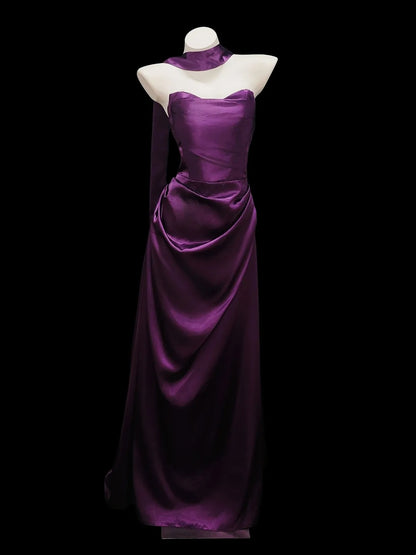 Chic Mermaid Strapless Purple Satin With Ruffled Date Floor Length Night Evening Outfit Formal Prom Dresses RB5438