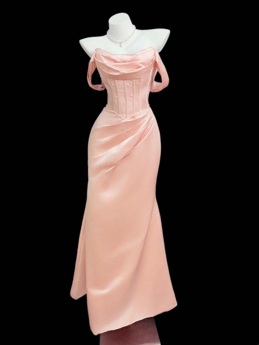 Princess Prom Dresses Formal Mermaid Off The Shoulder Blush Pink Satin Long Party Gowns N4558