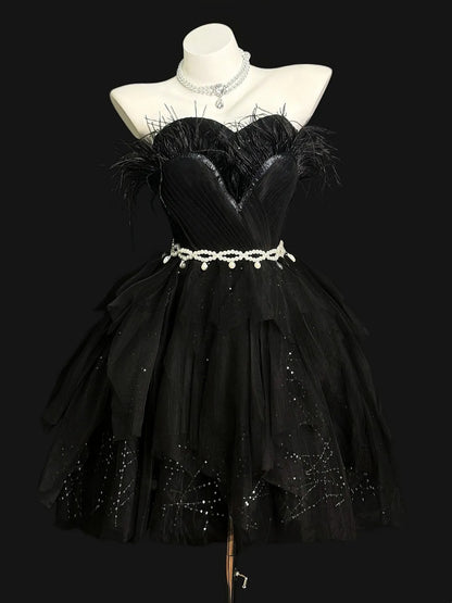 Cute Ball Gown Sweetheart Black Tulle With Feathers Short Cocktail Gown Homecoming Dresses Ideas Hoco Outfit RB5449