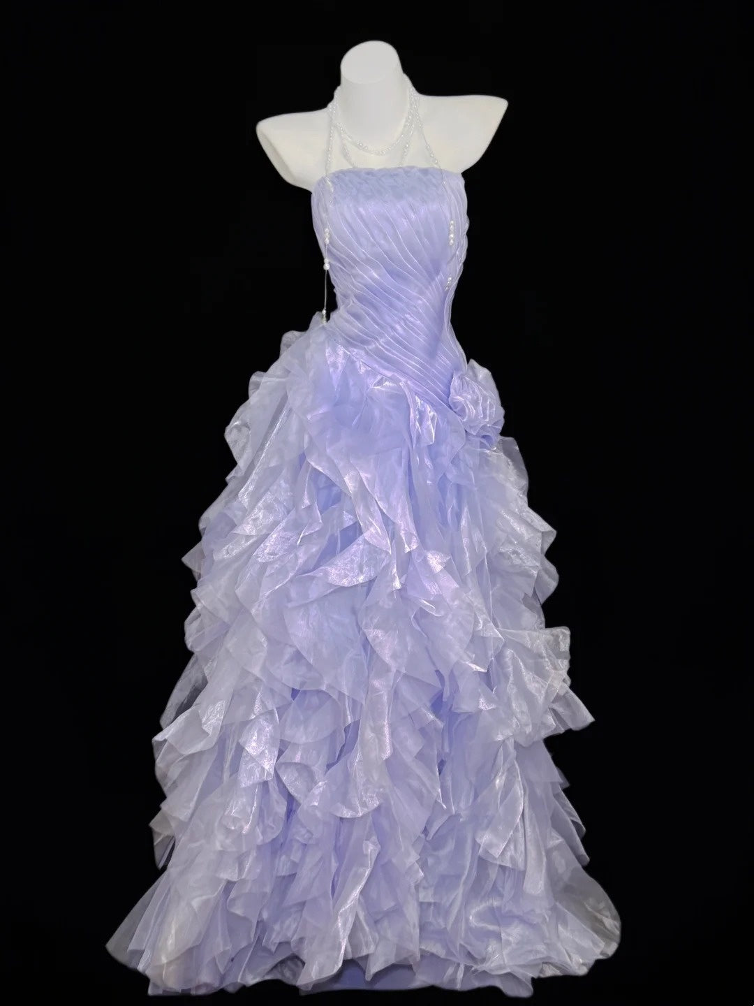Modest Ball Gown Strapless Lilac With Tiered Layers Date Floor Length Night Evening Outfit Formal Prom Dresses RB5458
