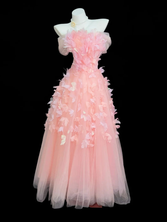 Princess Prom Dresses Formal Ball Gowns Off The Shoulder Pink Tulle Long Party Gowns N4506