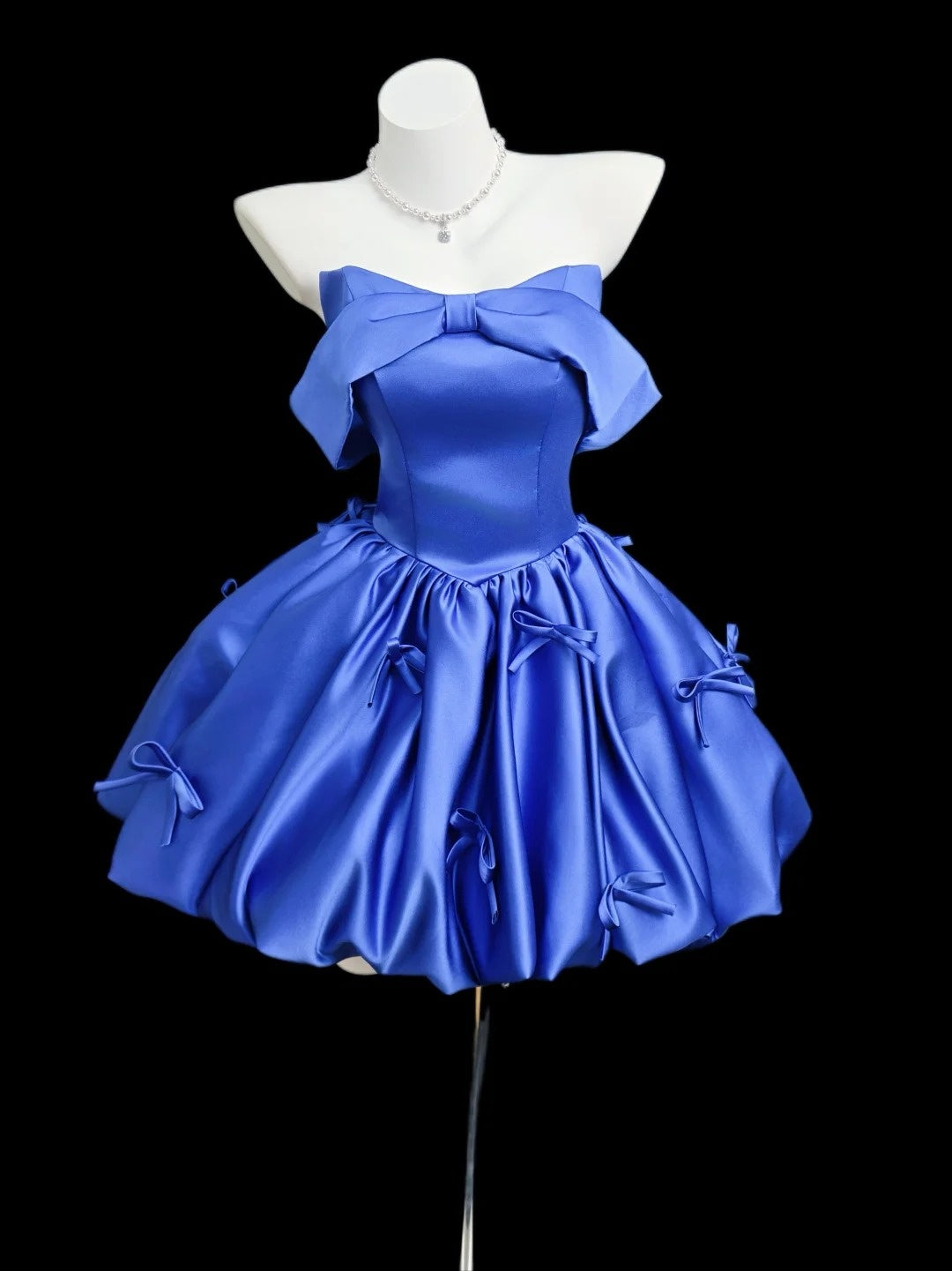 Robe de bal romantique, épaules dénudées, en satin bleu roi, pour la remise des diplômes ou le bal de promo N4524