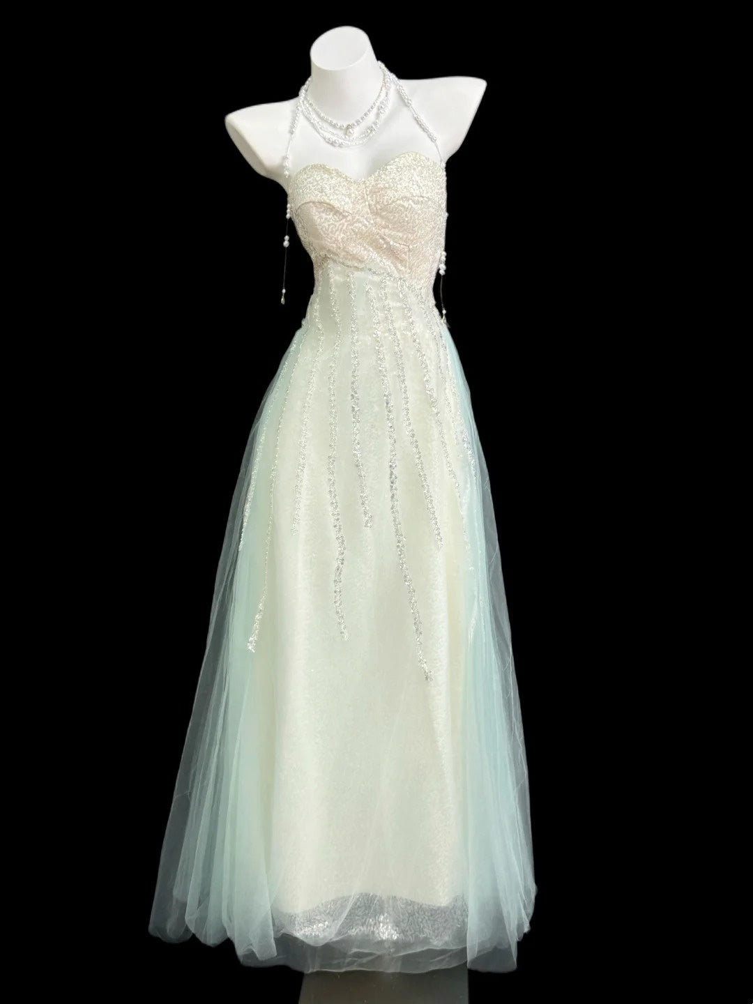 Glitzernde A-Linien-Ballkleider, Sweetheart-Ausschnitt, salbeigrün, Tüll mit Pailletten, bodenlang, formelle Outfits RB4356
