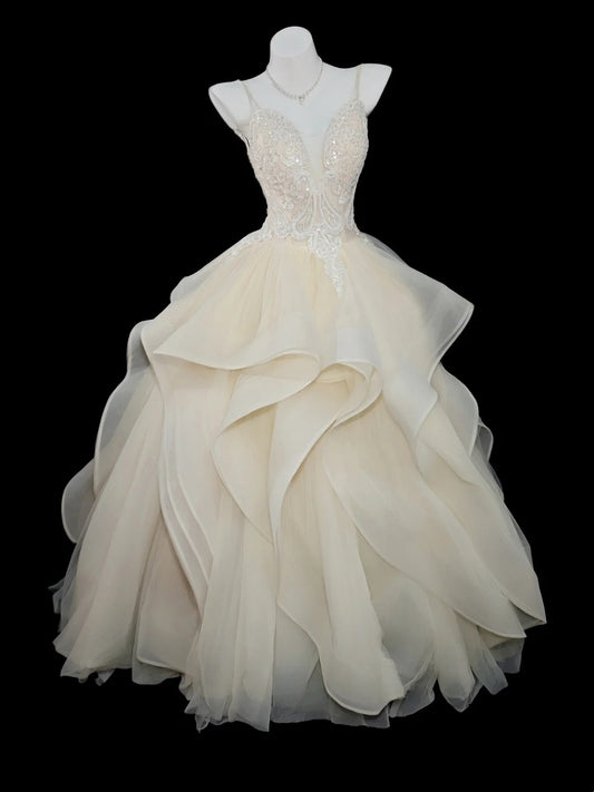 Princess Prom Dresses Formal Ball Gowns Spaghetti Strap Light Champagne Long Party Gowns N4557
