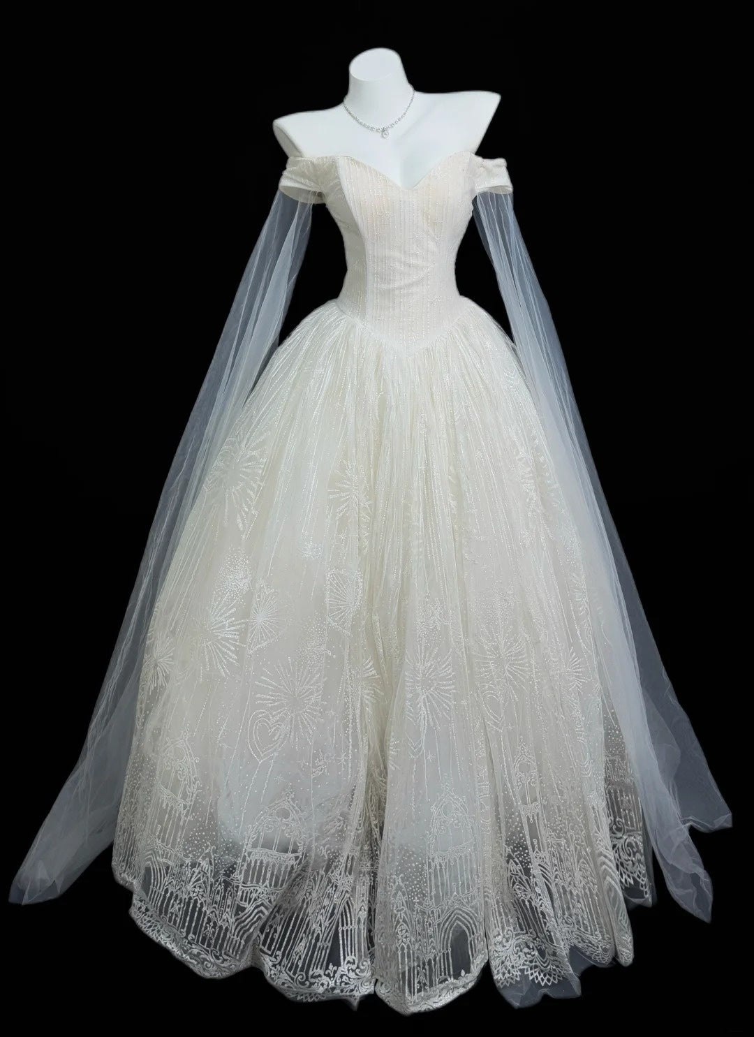 Élégante Robe de Bal Épaule Dénudée Paillettes Blanches Avec Cape Robe de Mariée Robes de Mariée Longues RB4463