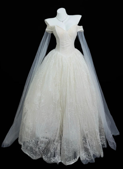 Élégante Robe de Bal Épaule Dénudée Paillettes Blanches Avec Cape Robe de Mariée Robes de Mariée Longues RB4463