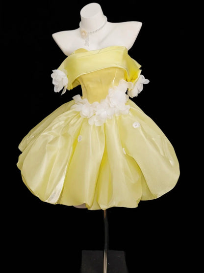 Robe de bal élégante jaune à épaules dénudées Idées pour aînés Courtes Mini robes de soirée cocktail N4528