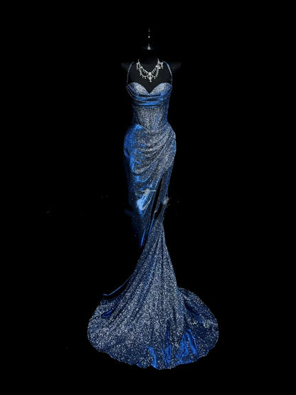 Robe de bal longue sirène élégante à fines bretelles, fente bleu marine et sequins - Robe de soirée formelle - Vestidos De Dia AB615