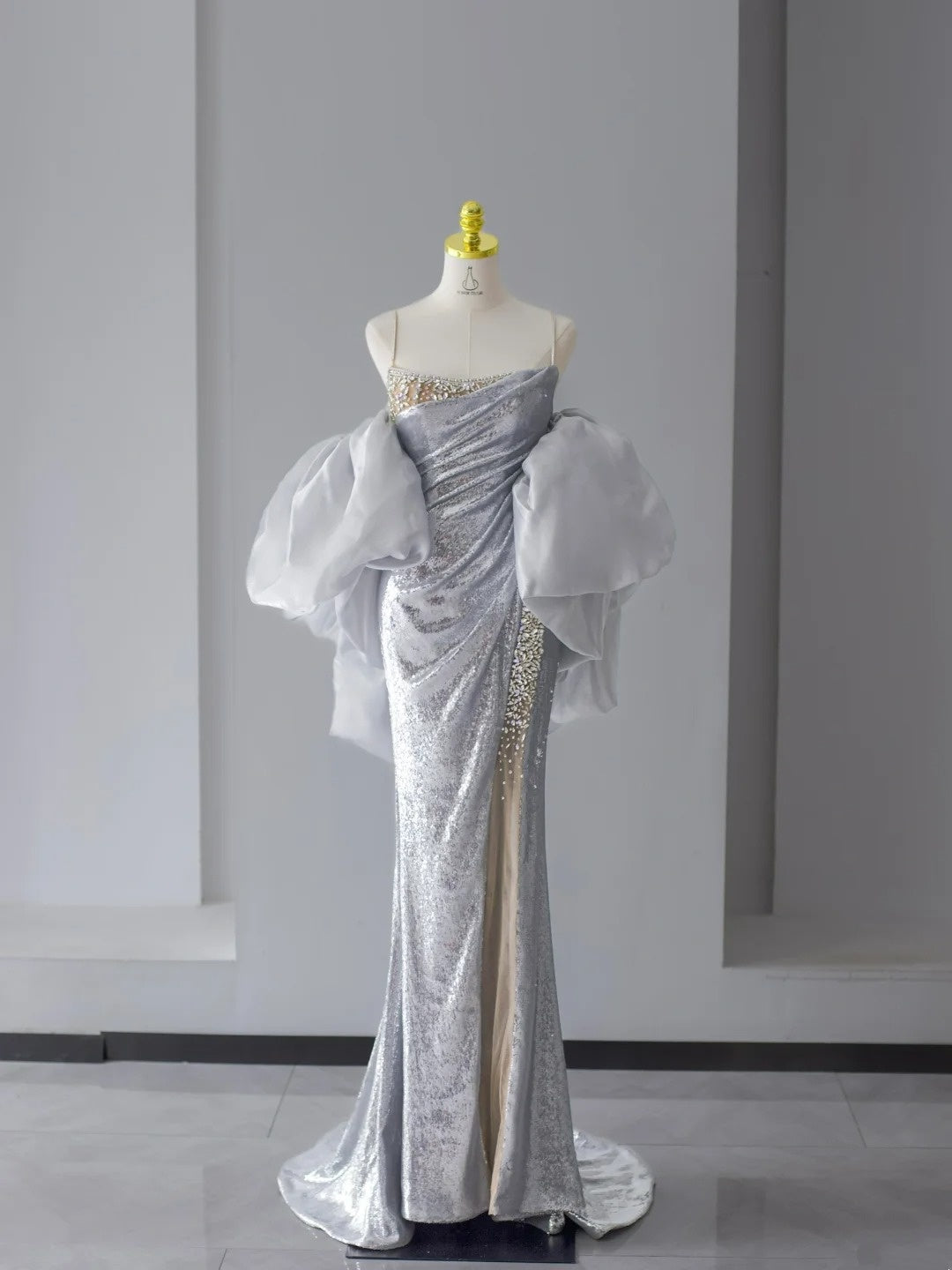 Sparkly Prom Dresses Mermaid Spaghetti Strap Silver Gray Sequined With Beading Slit Long Formal Gown N2922