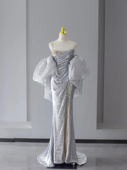 Sparkly Prom Dresses Mermaid Spaghetti Strap Silver Gray Sequined With Beading Slit Long Formal Gown N2922
