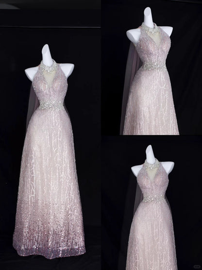 Elegantes A-Linien-Neckholder-Abendkleid in Rouge mit Perlenstickerei Pailletten Geburtstag Ballkleider N2829