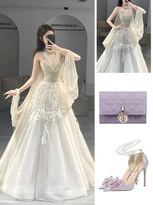 Wunderschöne Ballkleider für den Abschlussball, Neckholder, Tüll mit Perlen und Federn, langes Abendkleid N2927