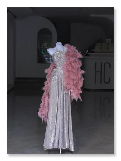 Robes de bal modestes Robe de soirée longue en paillettes argentées à col rond et coupe trapèze N2991