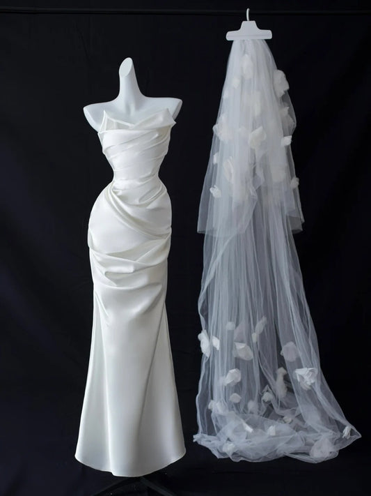 Simple Wedding Dresses Mermaid Strapless White Satin With Ruffle Long Bridal Gown N2952