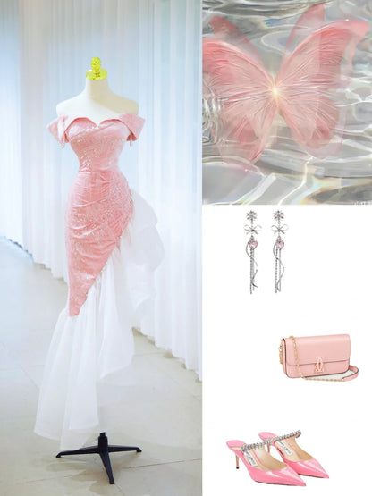 Robe de bal sirène scintillante à sequins roses, épaules dénudées, robe de soirée, tenue d'anniversaire, robe de graduation N2845