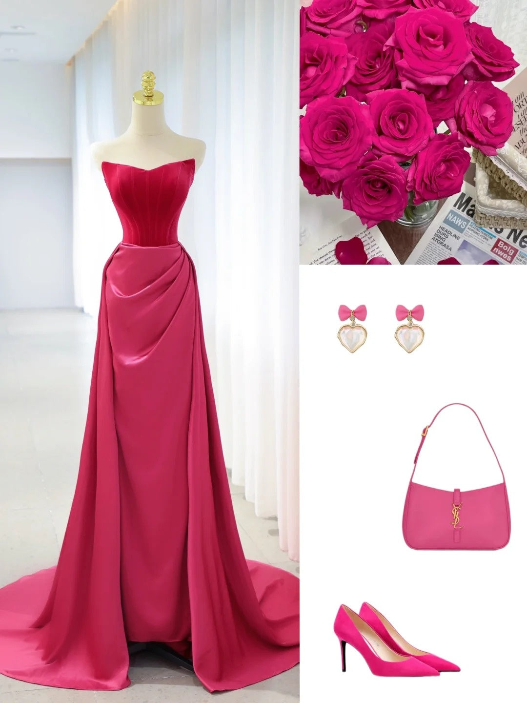 Belles robes de bal sirène bustier en satin rose vif avec longue robe de soirée plissée N2934