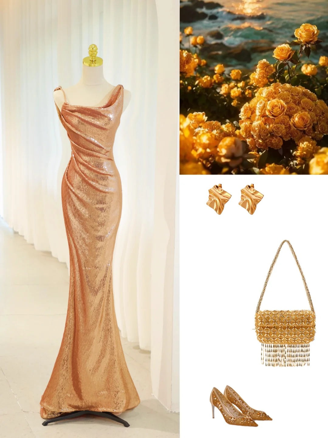 Belles robes de bal sirène dorées à sequins avec longue robe de soirée plissée N2935