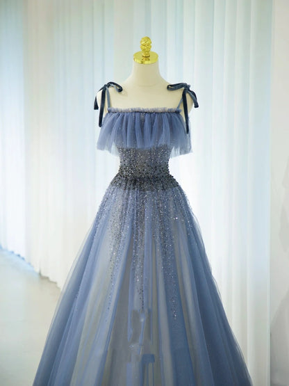 Robe de Soirée Longue de Bal de Promo en A Douce Bleue Grise avec Perles et Bretelles Fines N2856