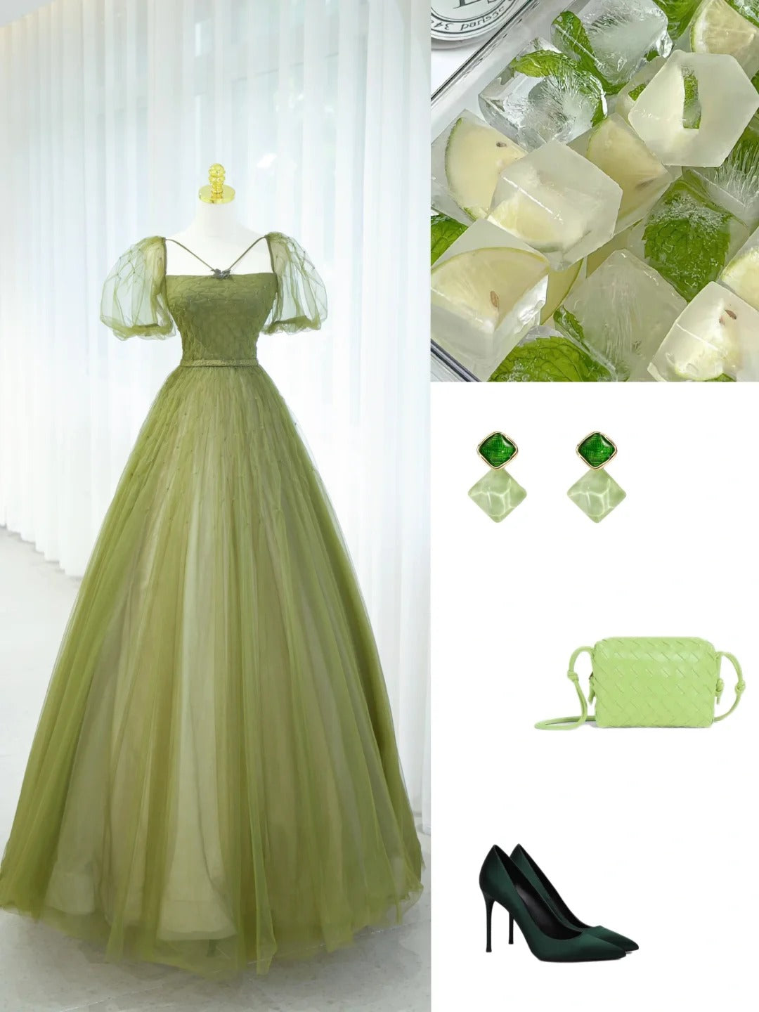 Elegantes Ballkleid Grün Quadratischer Ausschnitt Tüll Langes Abendkleid 18. Geburtstag Abschlussballkleider N2853