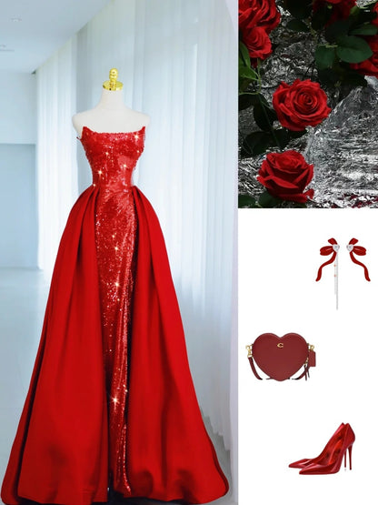 Vintage Mermaid Strapless Red Sequin With Train Floor Length Prom Dress Inspiration Long Sequin Prom Dresses A050
