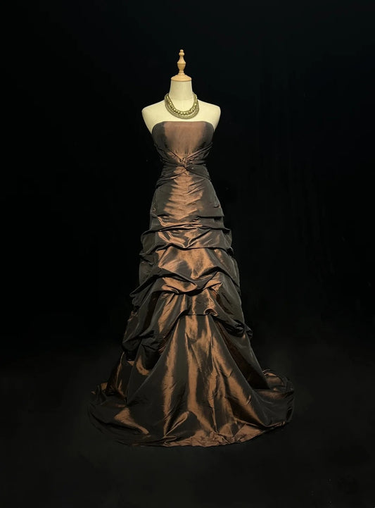 Vintage Prom Dresses Aesthetic 1950s Retro Ball Gown Strapless Chocolate Long Evening Dress N2322