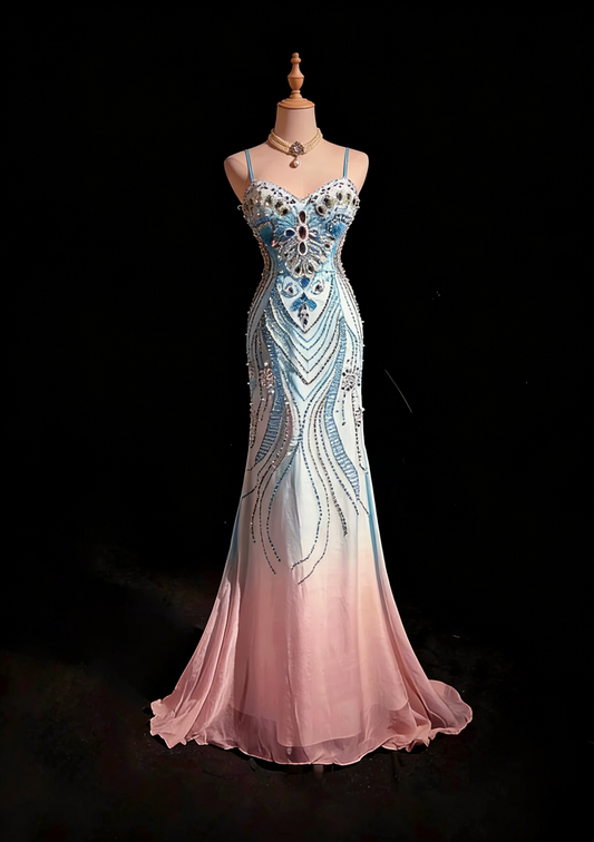 Vintage Y2K Mermaid 2000s Blue Pink Ombre Gown Gradient Colors Spaghetti Strap Formal Dress Prom Dresses N2441