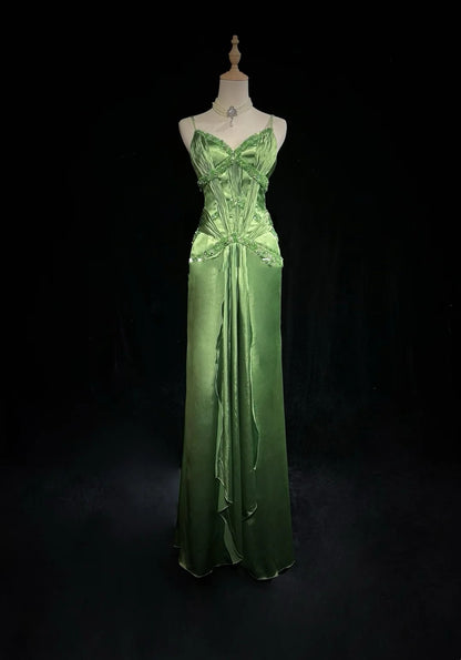 Vintage Prom Dresses A Line Spaghetti Strap Green Satin With Beading Long Formal Dress N2455
