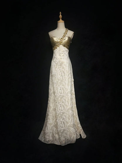 Classy Prom Dresses A Line One Shoulder Gold Top Satin With Ruffle Long Formal Gown N2913